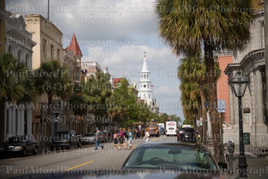 Charleston SC, Lowcountry, cars, church, city street, downtown